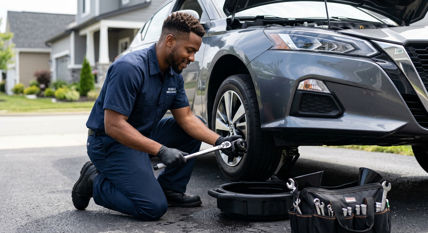 Certified mobile mechanic performing an oil change