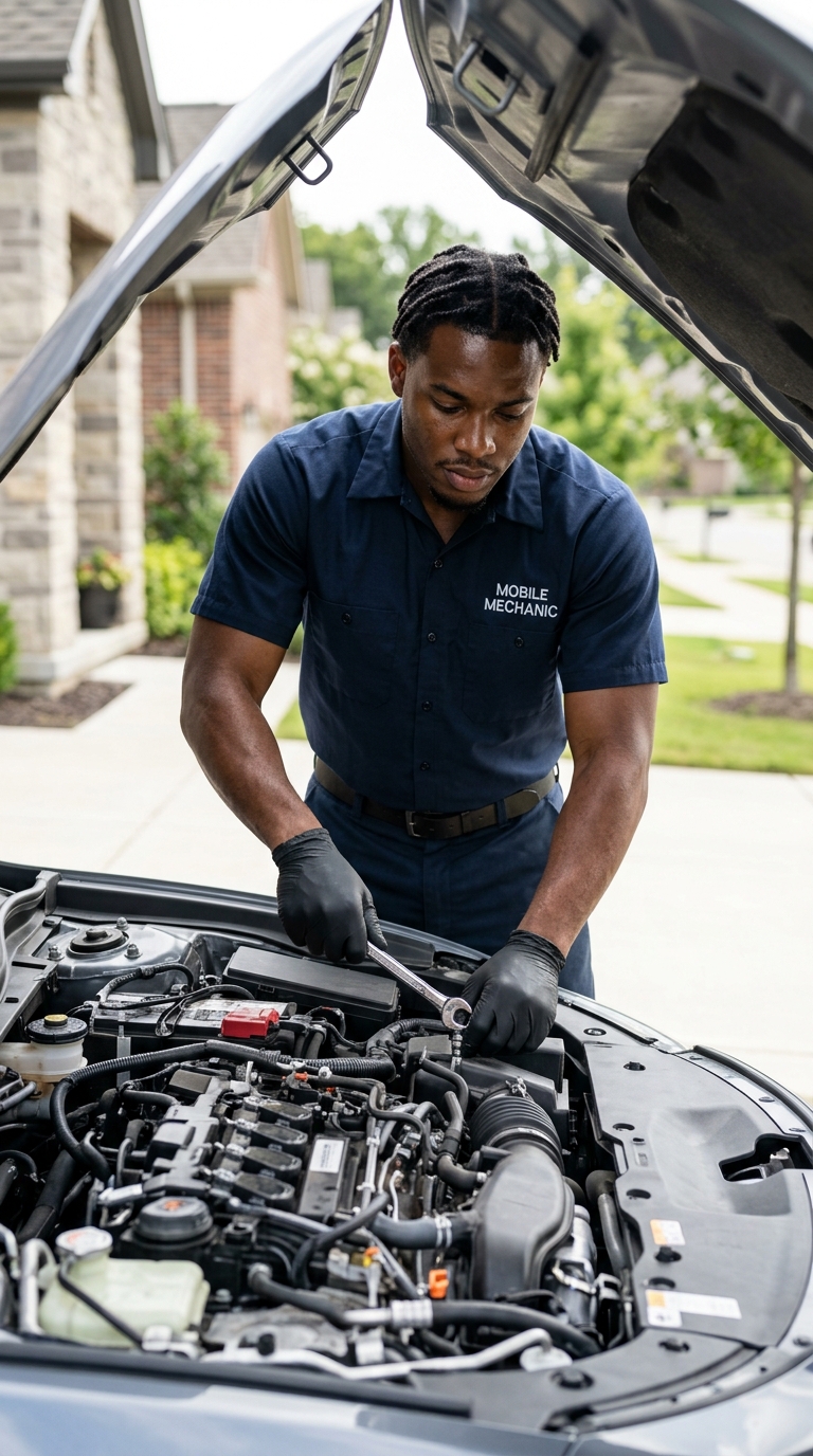 Certified mobile auto mechanic working under the hood